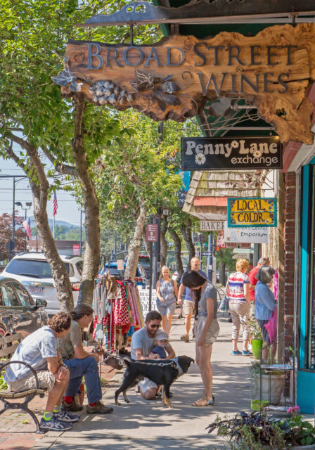 A view of Broad Street with its many shopping options in downtown Brevard, a North Carolina mountain community popular with tourists and retirees.