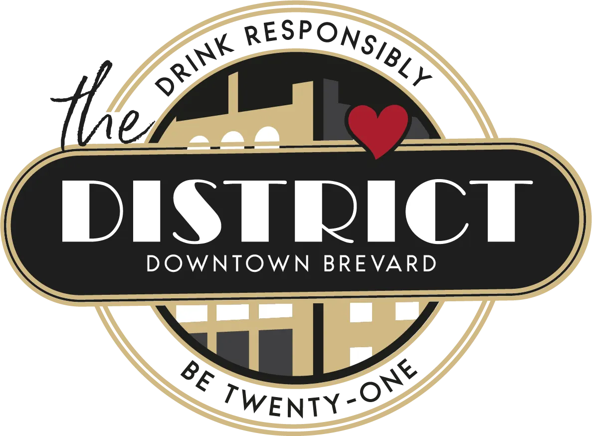 Graphic for Downtown Brevard features a circular design with buildings in the background. The text "DISTRICT" is prominent in white letters on a black bar, with "DOWNTOWN BREVARD" beneath it. A red heart is included in the design.