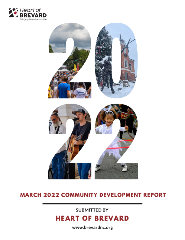 Cover for the March 2022 Community Development report that shows a collage of photos from Downtwon Brevard events cropped by text that says 2022.