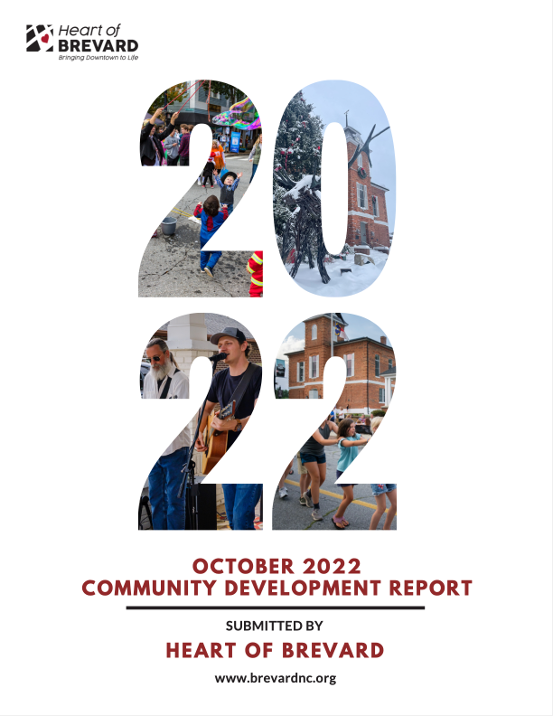 Cover for the Ocotaber 2022 Community Development report that shows a collage of photos from Downtwon Brevard events cropped by text that says 2022.