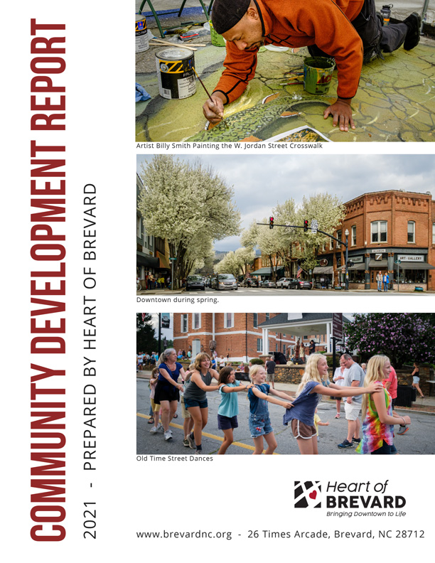 Cover for the 2021 Community Development Report showing 3 photos of events in Downtown Brevard including a man painting and a group of kids line dancing.