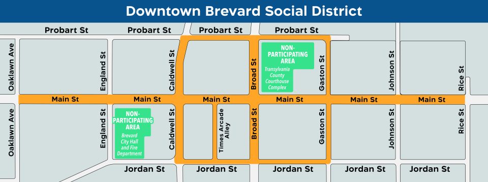 Street map of downtown Brevard showing Main St., Caldwell St., Broad St, Probart St, Jordan St. and Gaston St all highlighted in red.