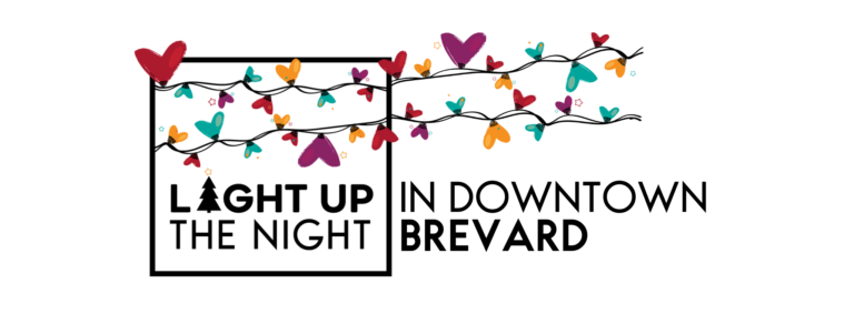 Logo for for Light Up the Night in Downtown Brevard showing a string of Christmas lights with hearts instead of lights.